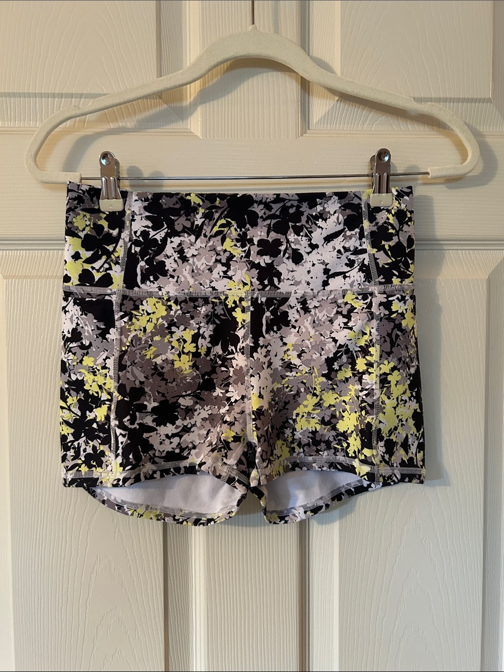Fabletics Black, Gray, White & Yellow Floral Camouflage Bike Shorts